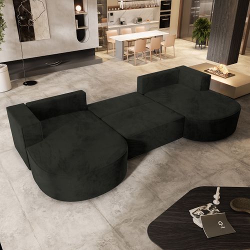 Canapé D'angle Vezzo Noir En Velours Avec Fonction De Couchage