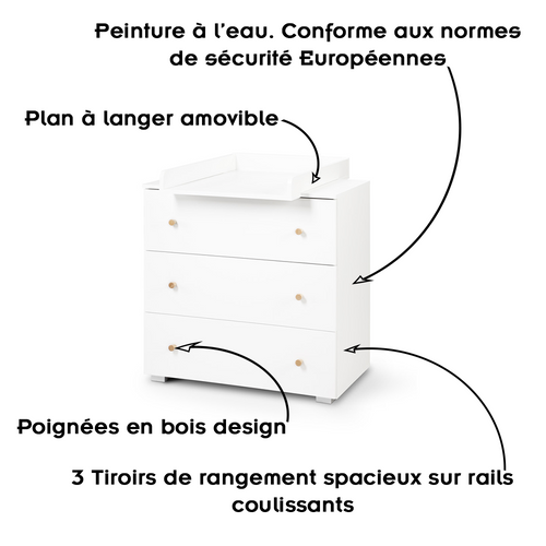 Karolina Commode Bébé Avec Plan à Langer Amovible Et 3 Tiroirs Blanc / Pin