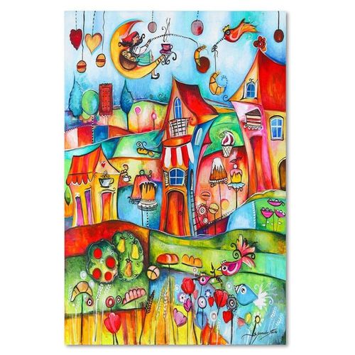 Tableau Bois Ville De Conte De Fées 40 X 60 Cm Multicolore