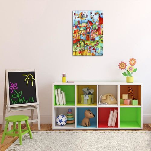 Tableau Bois Ville De Conte De Fées 40 X 60 Cm Multicolore