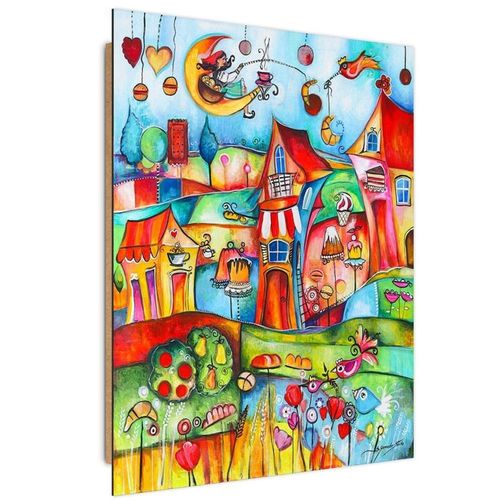Tableau Bois Ville De Conte De Fées 40 X 60 Cm Multicolore