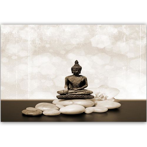 Tableau Bouddha Sur Les Rochers Zen 4 90 X 60 Cm Beige