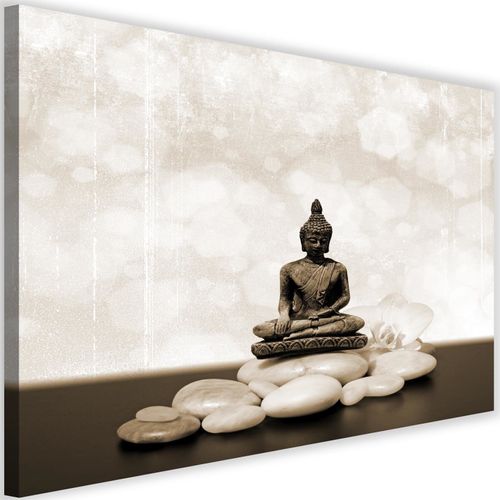 Tableau Bouddha Sur Les Rochers Zen 4 90 X 60 Cm Beige