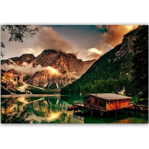 Tableau Chalet Lac Alpin 3 120 X 80 Cm Vert