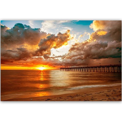 Tableau Jetée Et Coucher De Soleil 120 X 80 Cm Orange