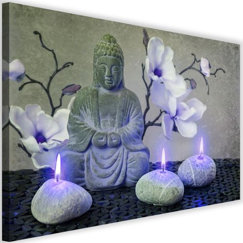 Tableau Bouddha Avec Des Orchidées Et Des Bougies 120 X 80 Cm Gris
