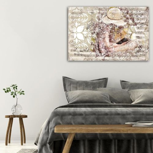 Tableau Bois Femme Avec Livre 90 X 60 Cm Beige