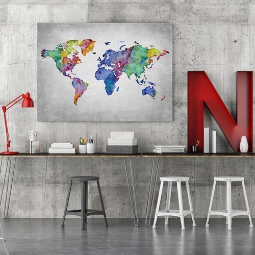 Tableau Carte Du Monde 90 X 60 Cm Gris