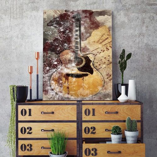 Tableau Bois Abstrait Guitare Vintage 80 X 120 Cm Marron