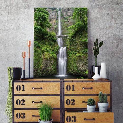 Tableau Pont De Bois Au-dessus De La Cascade 80 X 120 Cm Vert