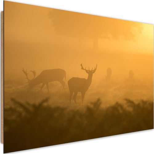 Tableau Bois Troupeau De Cerfs à L'aube 120 X 80 Cm Orange