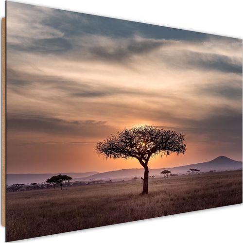 Tableau Bois Arbre Savane 90 X 60 Cm Orange