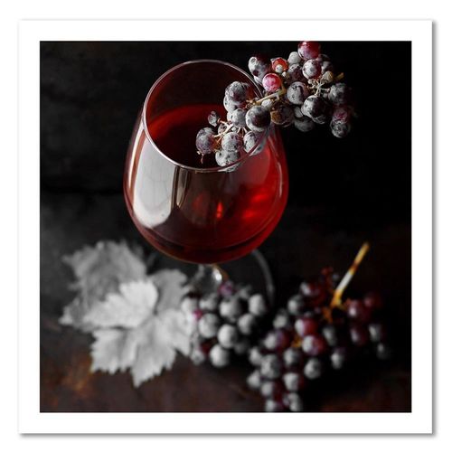 Tableau Bois Verre De Vin Et Raisins 2 60 X 60 Cm Rouge