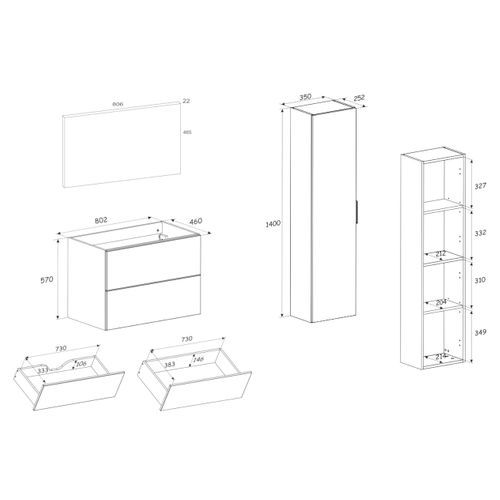 Ensemble Meuble Suspendu Sous Vasque Avec Plan 80 Cm Et Colonne 35 X 140 Cm Beige Donna Sand