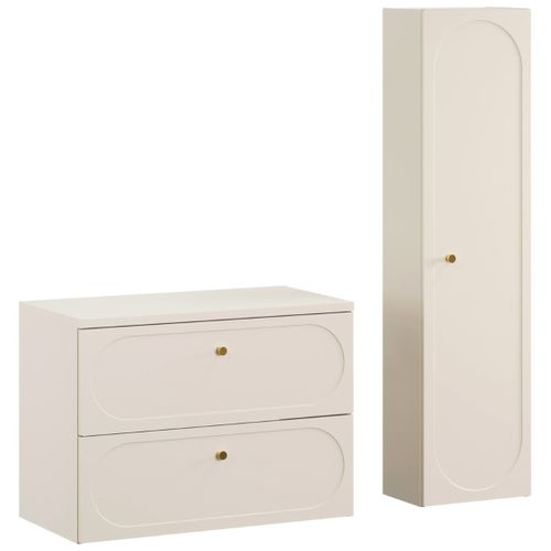 Ensemble Meuble Suspendu Sous Vasque Avec Plan 80 Cm Et Colonne 35 X 140 Cm Beige Donna Sand