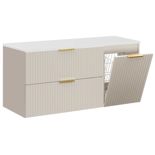 Meuble Suspendu Sous Vasque Adel Cachemire 120 Cm Avec Panier à Linge Et Plan Blanc