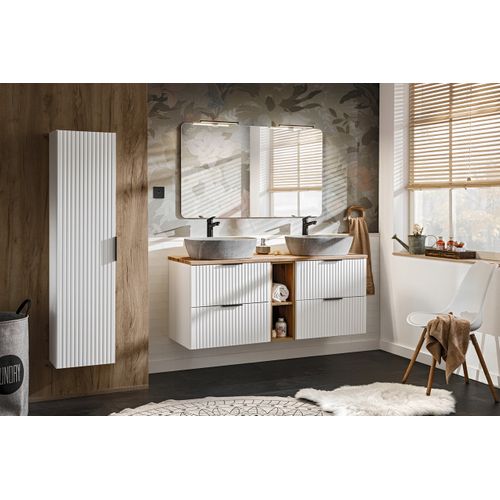 Meuble Suspendu Sous Vasque Adel Blanc 120 Cm Avec Panier à Linge Et Plan Noir