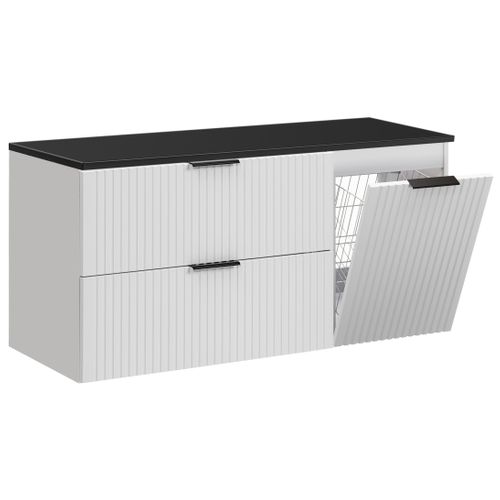 Meuble Suspendu Sous Vasque Adel Blanc 120 Cm Avec Panier à Linge Et Plan Noir