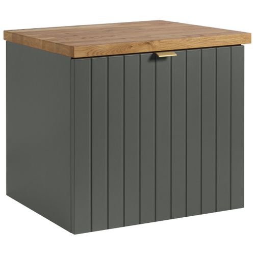 Meuble Sous-vasque Suspendu Harmo 50 Cm Avec Plan En Bois Massif Façade Rainurée Vert Semi-mat