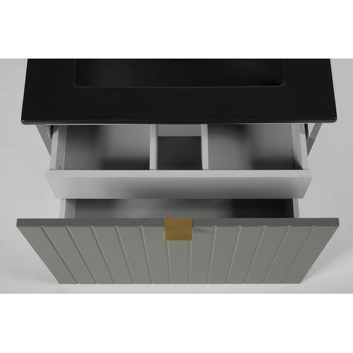 Meuble Sous-vasque Suspendu Harmo 50 Cm Avec Plan En Bois Massif Façade Rainurée Vert Semi-mat