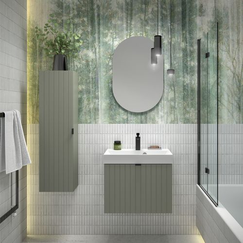 Meuble Sous-vasque Suspendu Harmo 60 Cm Avec Plan En Bois Massif Façade Rainurée Vert Semi-mat