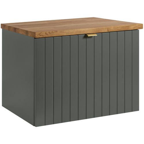 Meuble Sous-vasque Suspendu Harmo 60 Cm Avec Plan En Bois Massif Façade Rainurée Vert Semi-mat