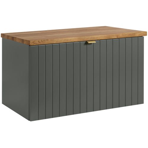 Meuble Sous-vasque Suspendu Harmo 80 Cm Avec Plan En Bois Massif Façade Rainurée Vert Semi-mat