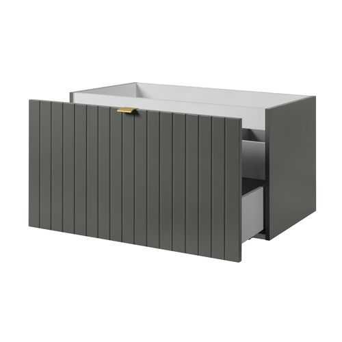 Meuble Sous-vasque Suspendu Harmo 80 Cm Avec Plan En Bois Massif Façade Rainurée Vert Semi-mat