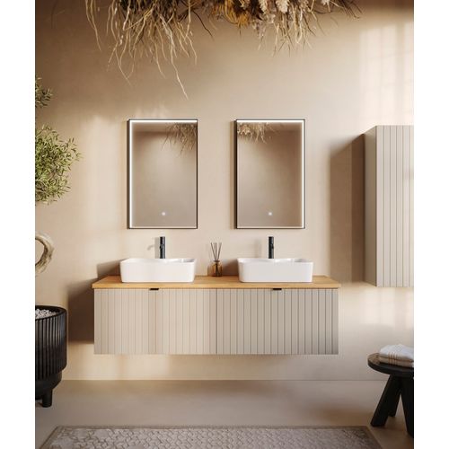 Meuble Sous-vasque Suspendu Harmo 80 Cm Avec Plan En Bois Massif Façade Rainurée Cachemire Semi-mat