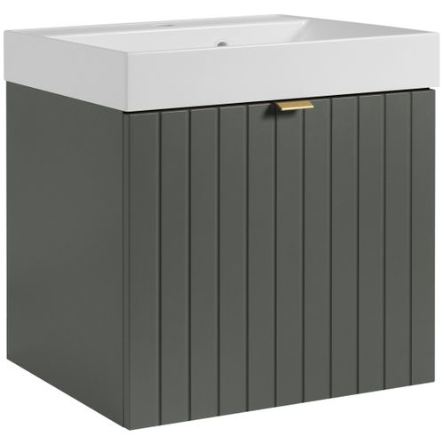 Meuble Vasque Suspendu Harmo 50 Cm Avec Vasque Encastrée En Résine Façade Rainuré Vert