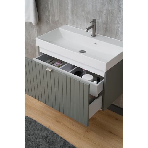 Meuble Vasque Suspendu Harmo 50 Cm Avec Vasque Encastrée En Résine Façade Rainuré Vert