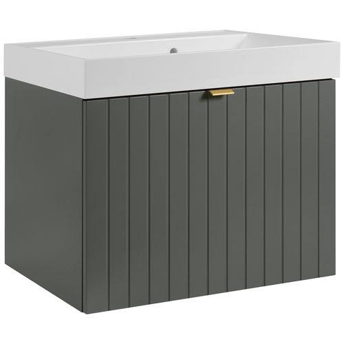 Meuble Vasque Suspendu Harmo 60 Cm Avec Vasque Encastrée En Résine Façade Rainuré Vert