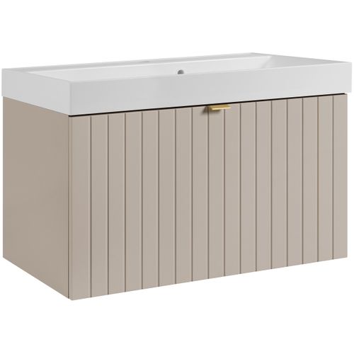 Meuble Vasque Suspendu Harmo 80 Cm Avec Vasque Encastrée En Résine Façade Rainuré Cachemire