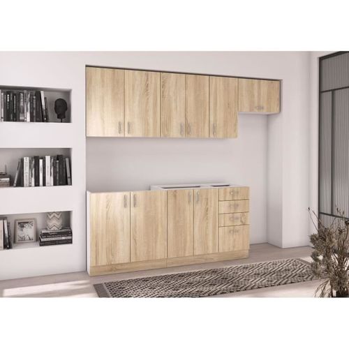 Sara Cuisine Complete Modulable - 7 Éléments - Décor Chene Sonoma - L 240 Cm