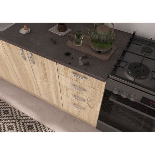 Sara Cuisine Complete Modulable - 7 Éléments - Décor Chene Sonoma - L 240 Cm