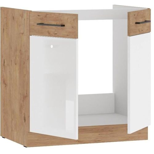 Meuble Sous Évier - Mélaminé Chene Lancelot Et Blanc Brillant - 80 Cm - 2 Portes Battantes