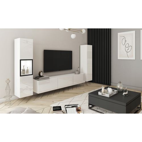 Mur TV 180 Cm Vitrine + Colonne Blanc Mat / Blanc Brillant