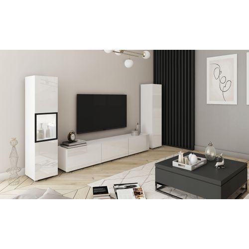 Mur TV 180 Cm Vitrine + Colonne Blanc Mat / Blanc Brillant