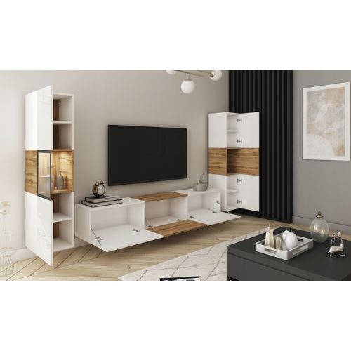 Mur TV 180 Cm Vitrine + Colonne Chêne Wotan / Blanc Brillant