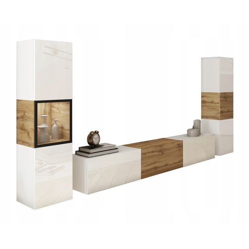 Mur TV 180 Cm Vitrine + Colonne Chêne Wotan / Blanc Brillant