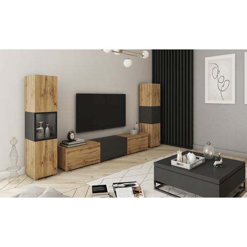 Mur TV 180 Cm Vitrine + Colonne Chêne Wotan Noir Mat