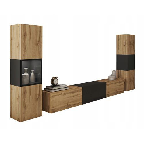 Mur TV 180 Cm Vitrine + Colonne Chêne Wotan Noir Mat