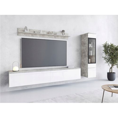 Ensemble Salon 3 Éléments: TV 180 + Vitrine + Étagère, Béton Mat / Blanc Brillant