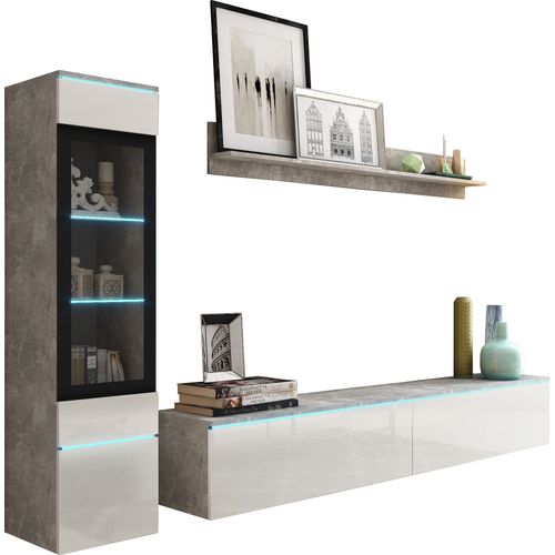 Ensemble Salon 3 Éléments: TV 180 + Vitrine + Étagère, Béton Mat / Blanc Brillant