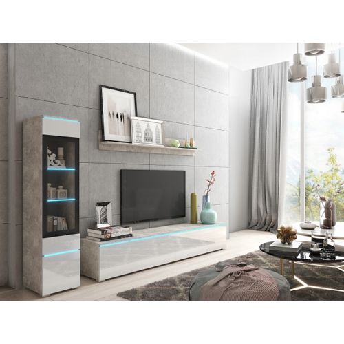 Ensemble Salon 3 Éléments: TV 180 + Vitrine + Étagère, Béton Mat / Blanc Brillant