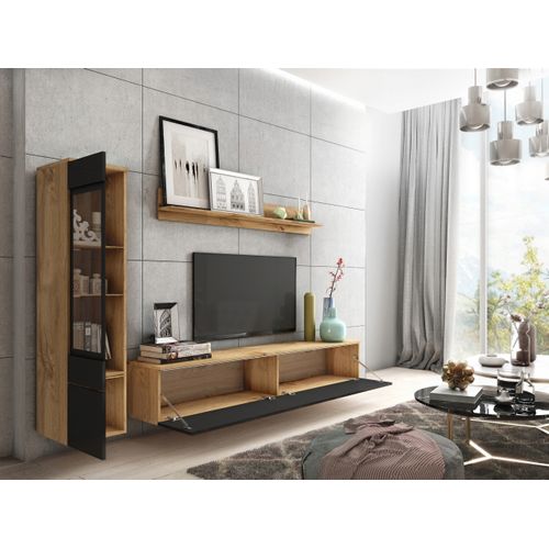 Ensemble Salon 3 Éléments: TV 180 + Vitrine + Étagère, Chêne Wotan / Noir Brillant