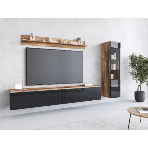 Ensemble Salon 3 Éléments: TV 180 + Vitrine + Étagère, Chêne Wotan / Noir Brillant