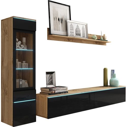 Ensemble Salon 3 Éléments: TV 180 + Vitrine + Étagère, Chêne Wotan / Noir Brillant