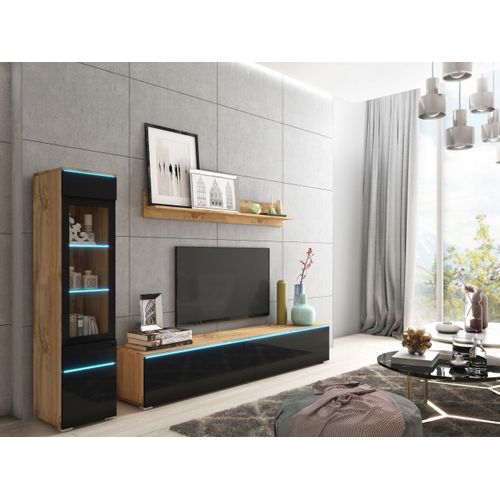 Ensemble Salon 3 Éléments: TV 180 + Vitrine + Étagère, Chêne Wotan / Noir Brillant