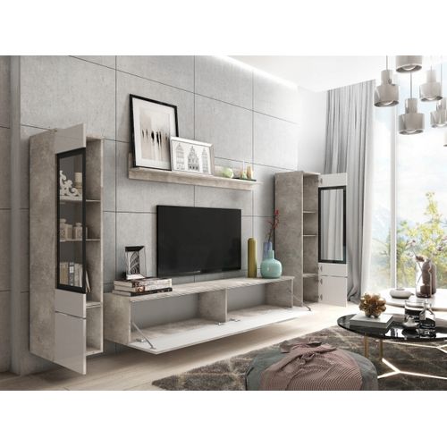 Ensemble Salon 4 Éléments: TV 180 + 2 Vitrines + Étagère, Béton Mat / Blanc Brillant